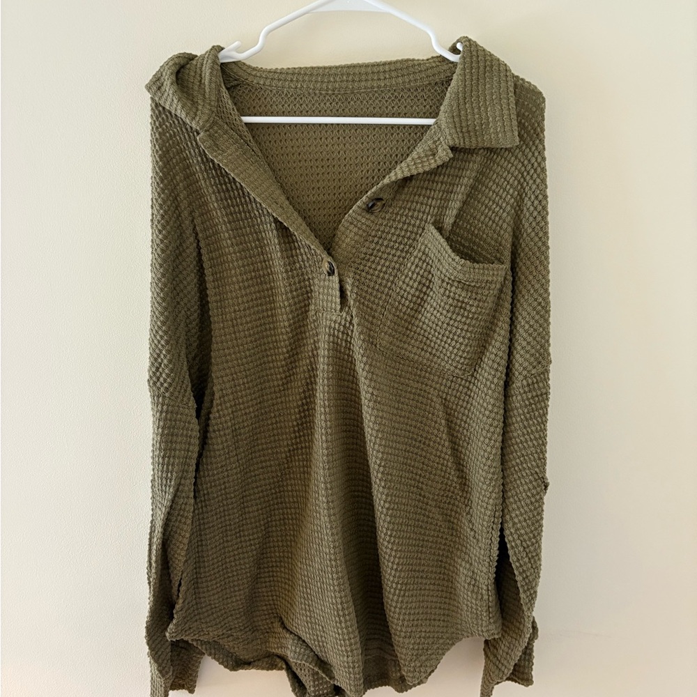 Olive Waffle Knit Long Sleeve Top